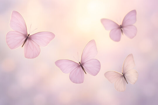A group of four delicate pink butterflies flutter gracefully against a soft, dreamy, and ethereal backdrop