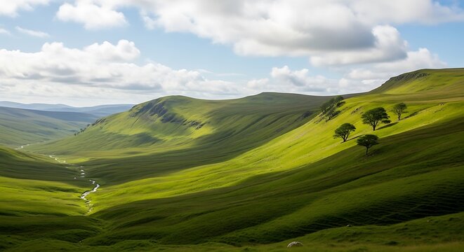 Rolling Green Hills Under a Cloudy Sky - A Serene Landscape.