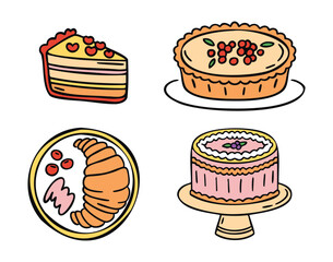 Baked goods dessert set croissant cakes and pie, cozy hand drawn doodle style.