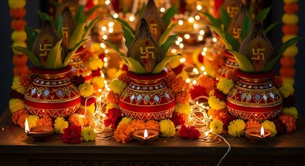 Fototapeta premium Celebrating Hindu festival tradition with Kalash pots and lights decoration
