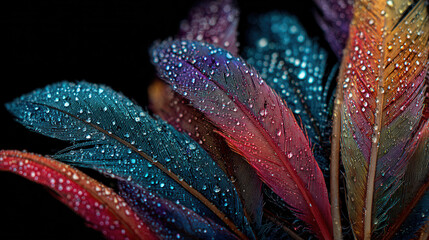 Colorful feathers with water droplets creating a vibrant and textured display on a dark background