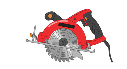 Fototapeta premium Red and black circular saw tool with a sharp blade for cutting wood.