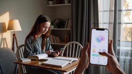 Young female student sitting at a wooden desk with open books, looking at a smartphone, while a hand holding another smartphone with a color wheel app overlaying the scene - Powered by Adobe