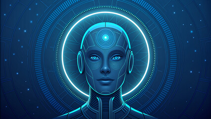 Abstract Humanoid Robot Face with Circle Light Illustrating Artificial Intelligence Technology and Futuristic Cybernetics