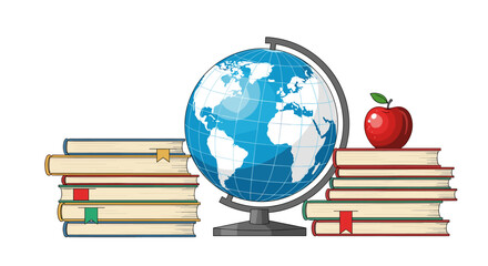 Stack of books globe and apple representing education and knowledge.
