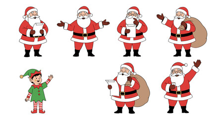 Collection of Santa Claus characters and an elf illustration.