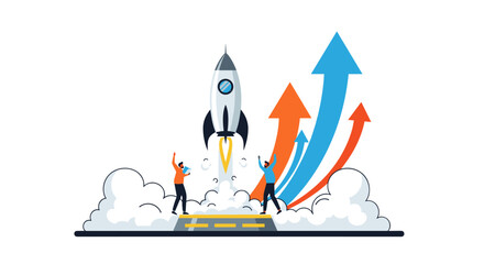Rocket Launching with Upward Arrows Symbolizing Growth and Success.