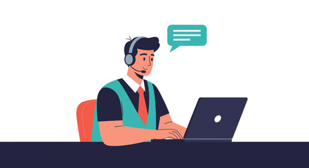 Customer service representative working on laptop with headset.