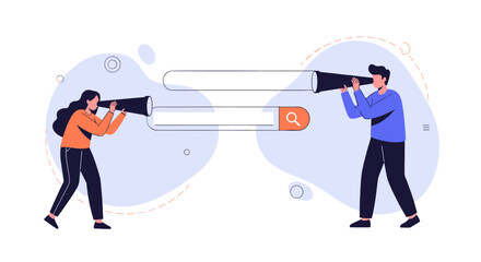 People searching online using search bars and magnifying glasses.