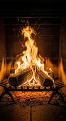 Obraz premium Crackling fireplace flames burning wood logs creating warm cozy atmosphere with dancing fire and glowing embers in home interior hearth