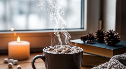 Steaming hot chocolate drink with melting marshmallows in ceramic mug on wooden table near frosted window creating cozy winter morning atmosphere