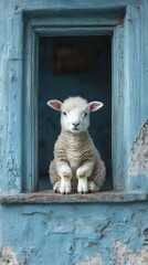 Cute lamb sitting in a blue window.