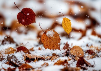 Autumn leaves in burgundy amber and gold colors drifting down onto first light snow dusting creating seasonal transition between fall and winter