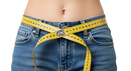Woman's Waist with Measuring Tape and Jeans on Black Background