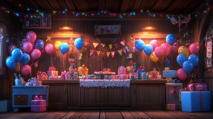 Festive birthday party scene in a rustic wooden room with balloons, gifts, and decorations.