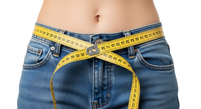 Woman's Waist with Measuring Tape and Jeans on Black Background