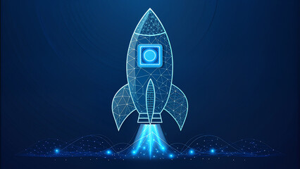 Abstract Polygonal Launch Rocket with AI Chip Illustrating Artificial Intelligence Space Exploration and Technological Progress
