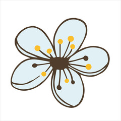 Simple light blue flower with yellow stamens in flat cartoon vector style