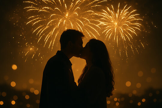 A silhouetted couple shares a romantic kiss against a backdrop of brilliant golden fireworks celebrating the new year's eve love and happiness