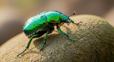 Naklejka premium Vibrant Emerald Beetle Perched on Textured Surface in Sunlight.