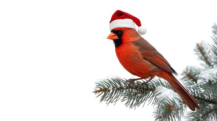 Festive red cardinal wearing a santa hat on a snowy branch