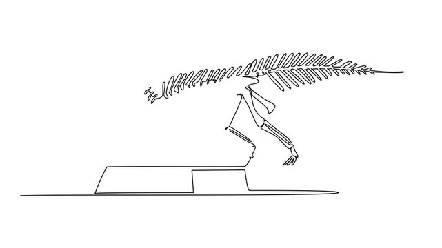Self drawing animation of single one line drawing Parasaurolophus dinosaur skeleton in museum room. Extinct animal with characteristic giant crested. International Museum Day. Full length animated