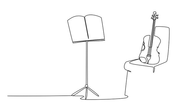 Animated self drawing of single one line drawing violin on a chair and beside it there is a note stand with a notation sheet. Instrument. Sound. World Fiddle Day. Full length single line animation