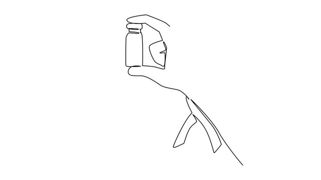 Animated self drawing of continuous line drawing hand holds medical glass vial or vaccine bottle with red ribbon. Treatment. National HIV Vaccine Awareness Day. Full length single line animation