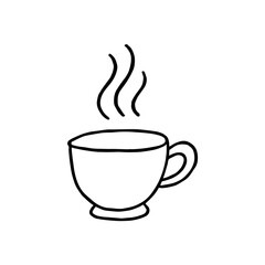 A minimalist doodle-style line drawing of a classic coffee cup with rising steam.