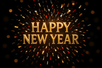 Happy new year's eve bold golden text surrounded by an explosive burst of bright confetti and warm bokeh lights on a dark background