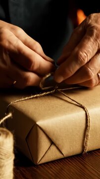 Hands Wrapping Gift With Brown Paper and Jute Twine