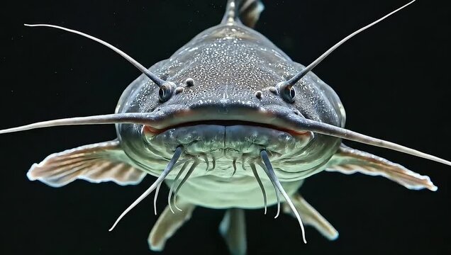 Detailed headshot of a freshwater catfish in the dark.