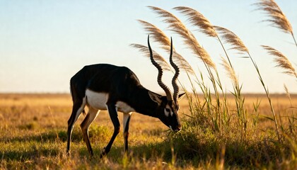 Black antelope with twisted horns grazing near tall grass in golden field