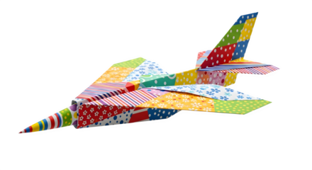 Colorful origami airplane isolated on transparent background, a playful paper creation