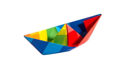 Vibrant origami boat isolated on transparent background, a colorful paper creation