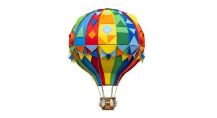 Colorful hot air balloon with a basket isolated on transparent background