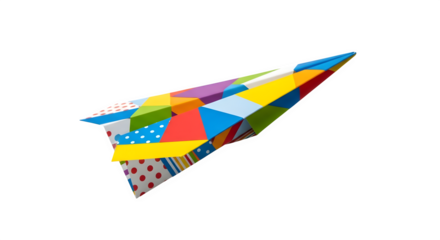 Colorful paper airplane with patchwork design isolated on transparent background