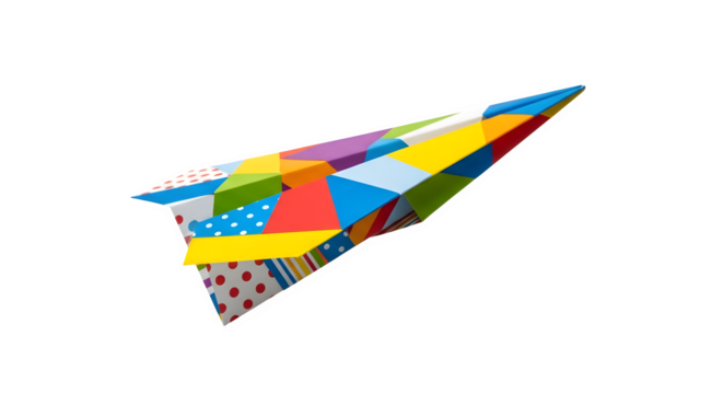 Colorful paper airplane with patchwork design isolated on transparent background