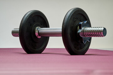 Dumbbell on a pink gym mat