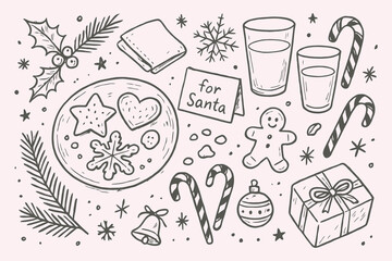 Hand Drawn Cookies for Santa Vector Set – Cozy Christmas Still Life Sketch Illustration in Black and White