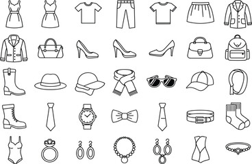 Fashion Clothing and Accessories Icon Set – Outline Style Vector for Design and Branding
