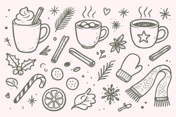Hand Drawn Hot Cocoa Christmas Still Life Vector Set – Cozy Winter Sketch Illustration in Black and White