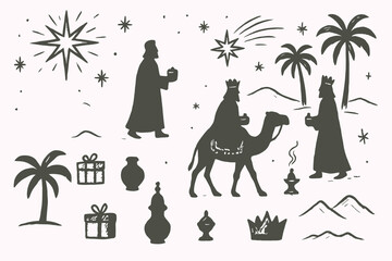 Hand Drawn Three Wise Men Silhouette Vector Set – Spiritual Christmas Journey Sketch in Black and White