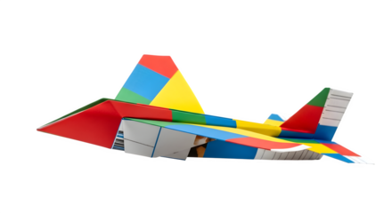 Colorful paper airplane isolated on transparent background, a creative handmade toy