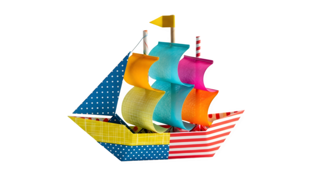 Colorful paper boat isolated on transparent background, a vibrant and playful toy