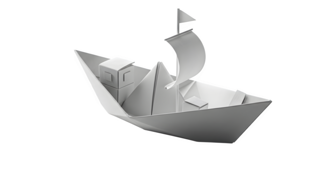 Paper boat isolated on transparent background, a complex origami with details