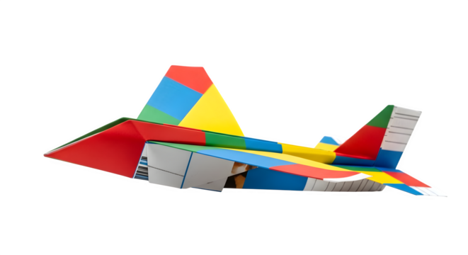 Colorful paper airplane isolated on transparent background, a creative handmade toy
