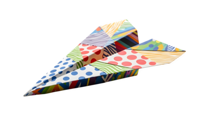 Vibrant paper airplane with patchwork design isolated on transparent background