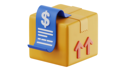 Realistic 3d rendering of a cardboard shipping box with a blue receipt showing a dollar sign and arrows indicating proper handling isolated on transparent background