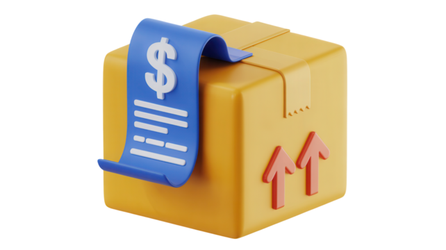 Realistic 3d rendering of a cardboard shipping box with a blue receipt showing a dollar sign and arrows indicating proper handling isolated on transparent background